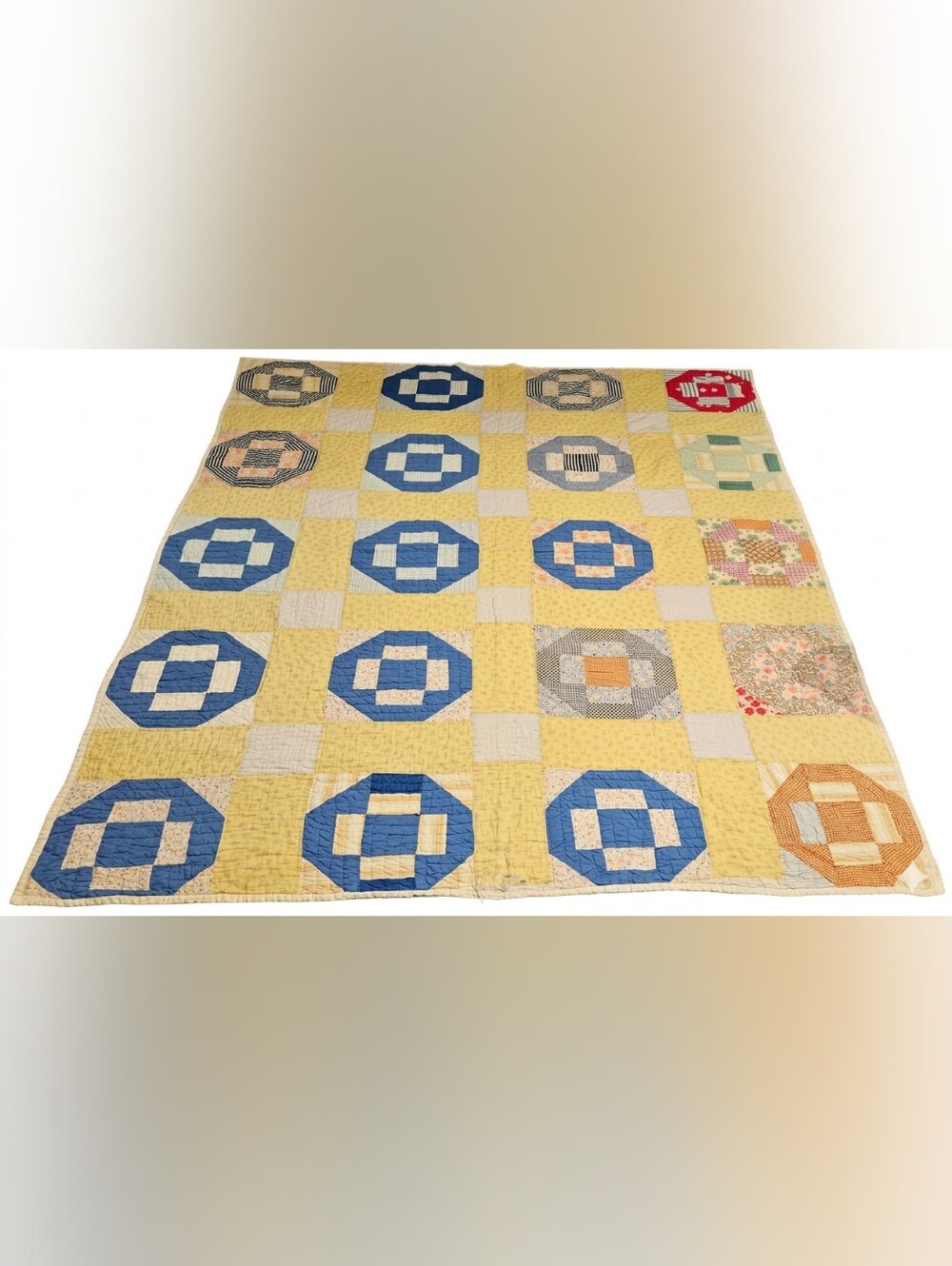 Vintage Yellow & Blue Old Crinkle Quilt - Picture 2 of 5